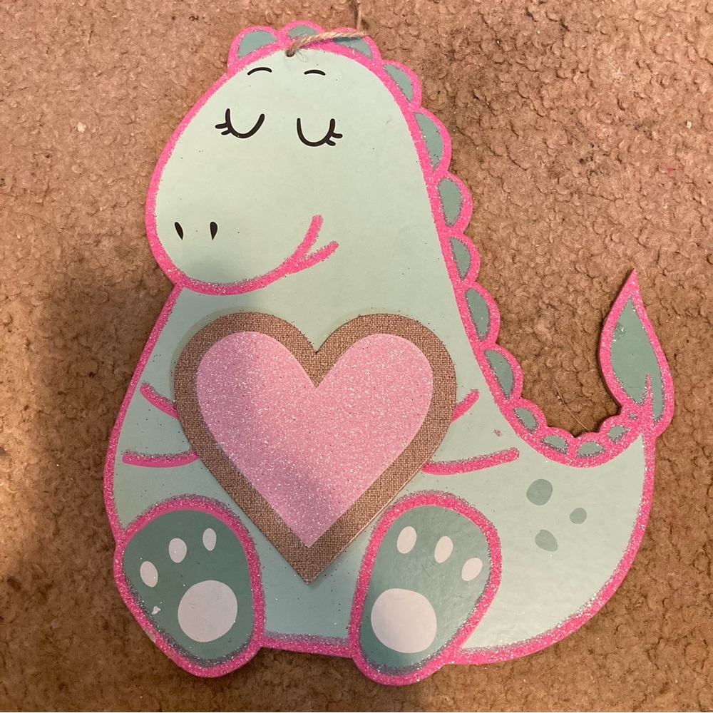 Mint Green Dinosaur Heart Wall Accent with Pink Glitter